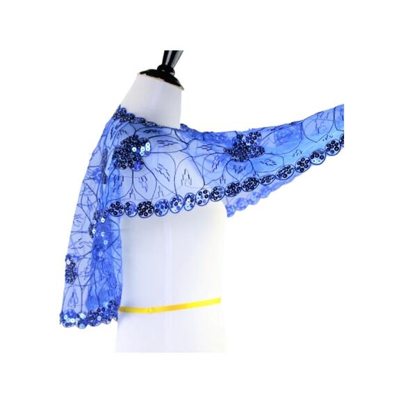 Cobalt Blue Mesh Caped Floral Print Top with Sequins And Beading - One Size - Picture 8 of 9